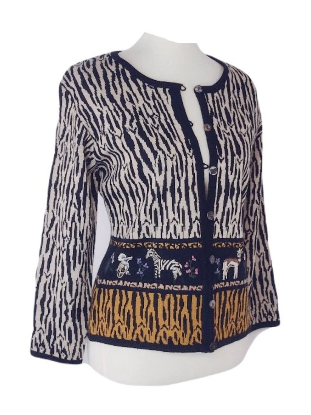 Ruby Cho Women's Small Embroidered Animal Cardigan Safari Print Wool Blend Knit